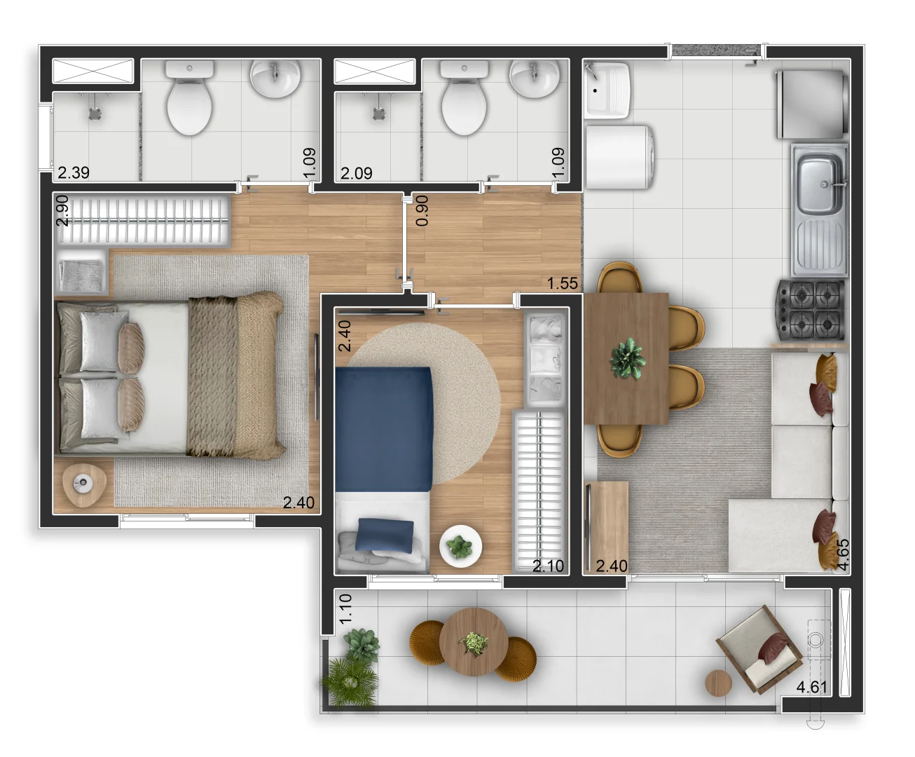 Planta Elev Ipiranga, 40m², 2 dormitórios com suíte e varanda