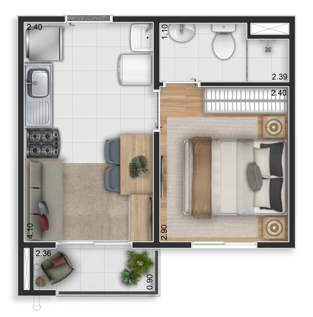 Planta Elev Anhaia Mello, 25m², 1 dormitório com varanda
