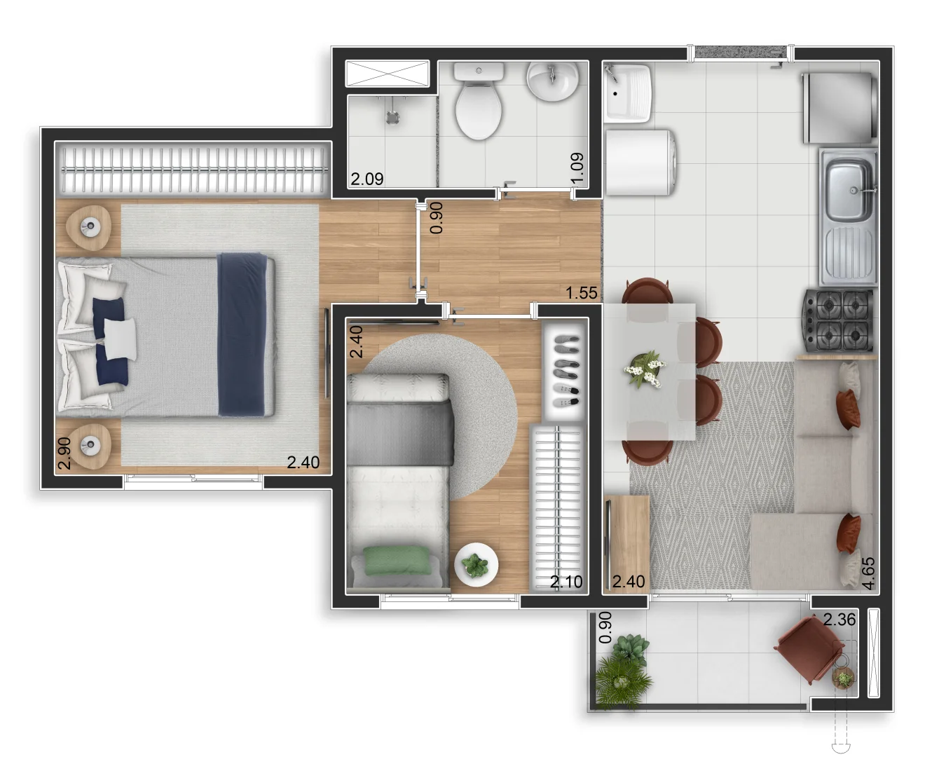 Planta Elev Ipiranga, 34m², 2 dormitórios com varanda