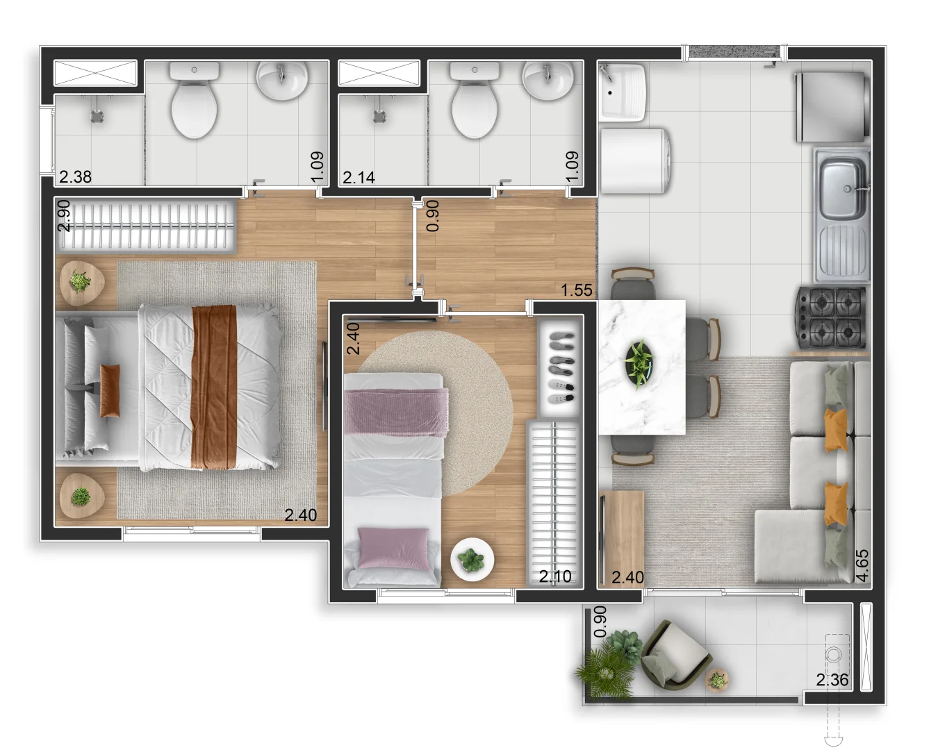 Planta Elev Ipiranga, 37m², 2 dormitórios com suíte e varanda